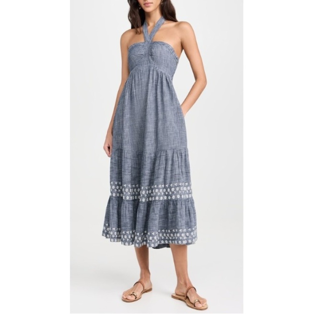 Cleobella 100% Cotton Raphaela Midi Dress Chambray Women Size Medium Halter Tier